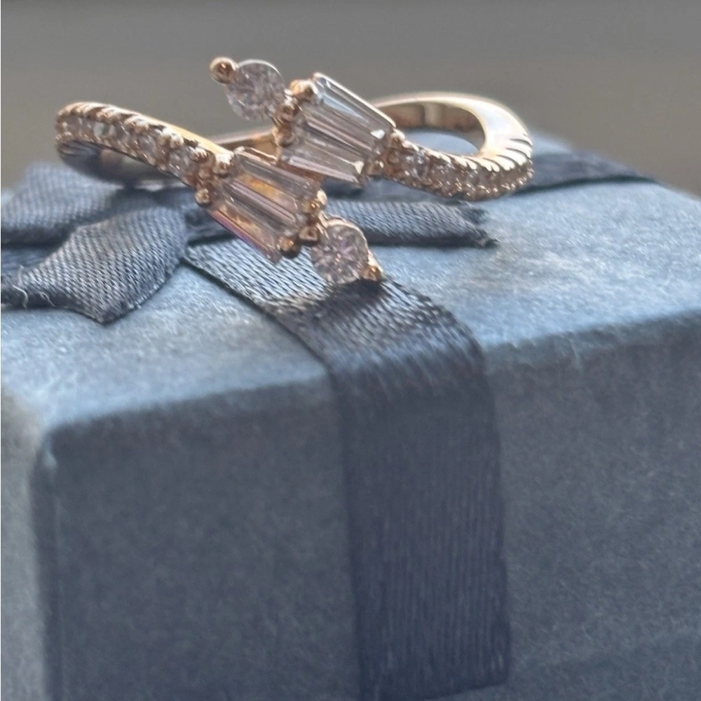 Rose Gold Plated Bypass Wrap Ring Adjustable Art Deco Baguette CZ, Pavé Band